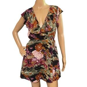 Pinky Womens Faux Wrap Mini Dress Ruffled Deep V Neck Earthy Tones CottageCore S
